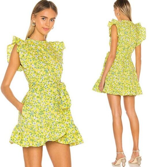 NEW vBanjanan Audrey Floral Cotton Poplin Flutter Sleeve Tie Mini Dress Yellow
